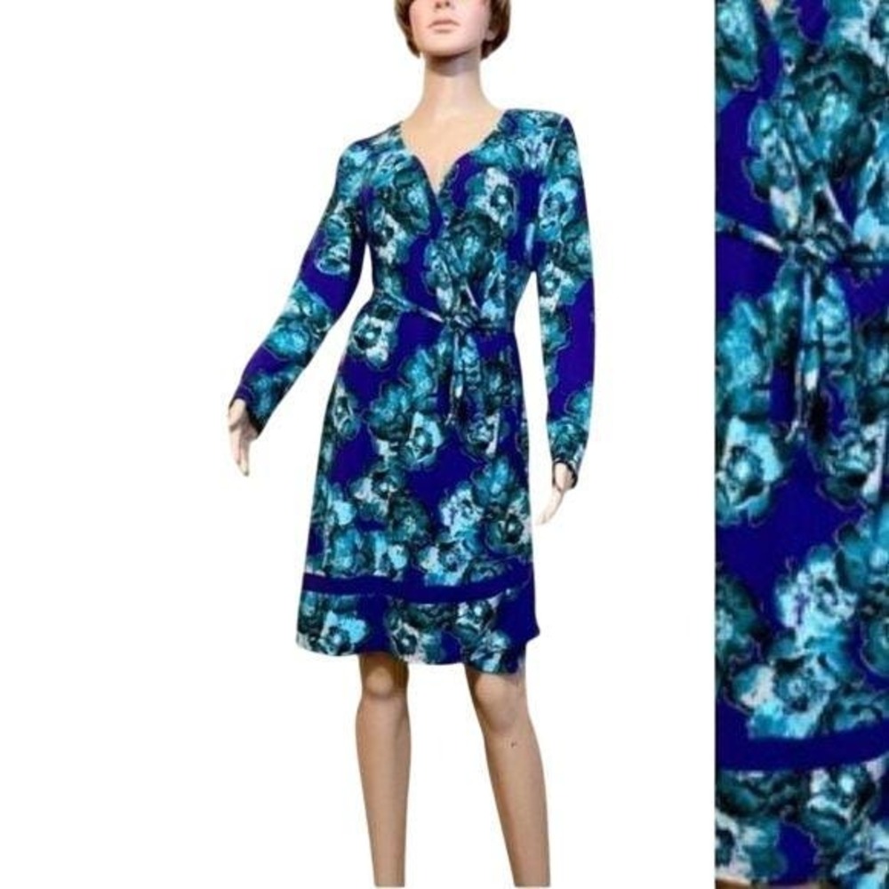 Floral Print Wrap Dress, Long Sleeve, Blue Teal Flowers Tie Waist, Casual Medium - Picture 6 of 7